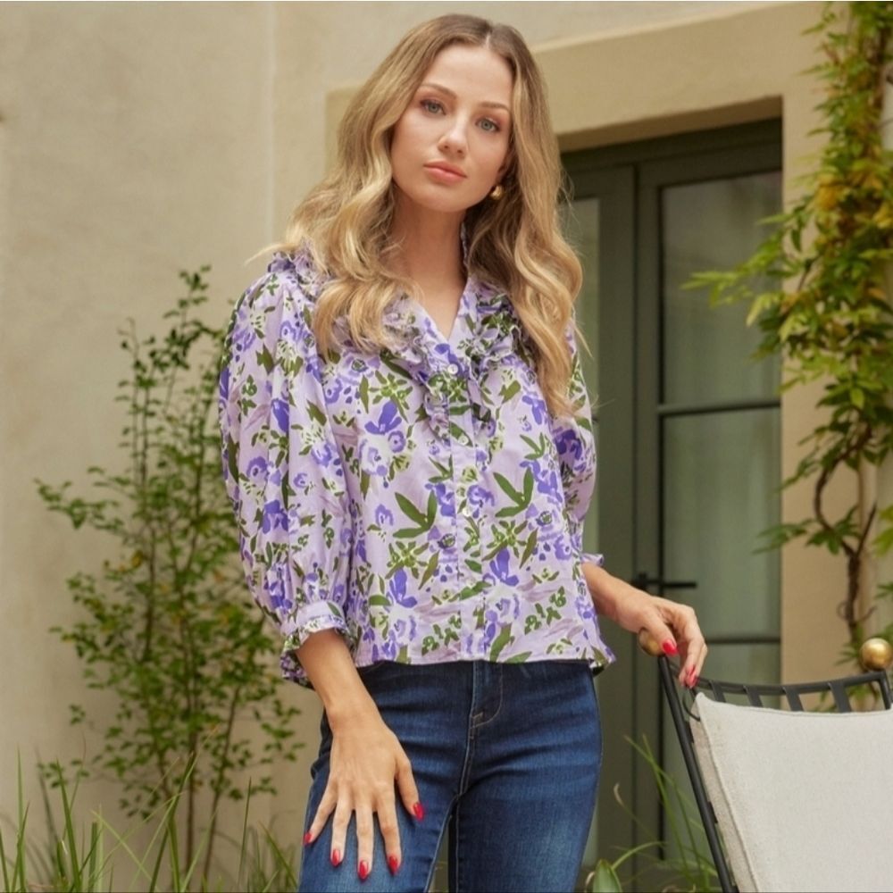 Pinch Puff Sleeves Button Up Top Size L